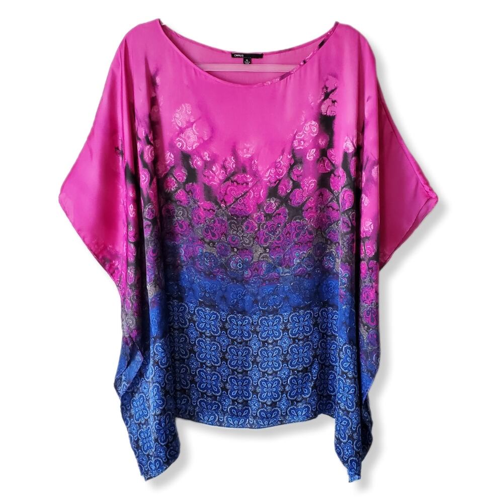 Women Pink Blue Ombre Satin Blouse Top XL Artsy Boho Casual Relaxed Colorful